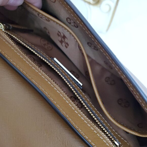 Tory Burch Robinson Tan Saffiano Leather Logo Shoulder Bag Chain Crossbody - Picture 8 of 15